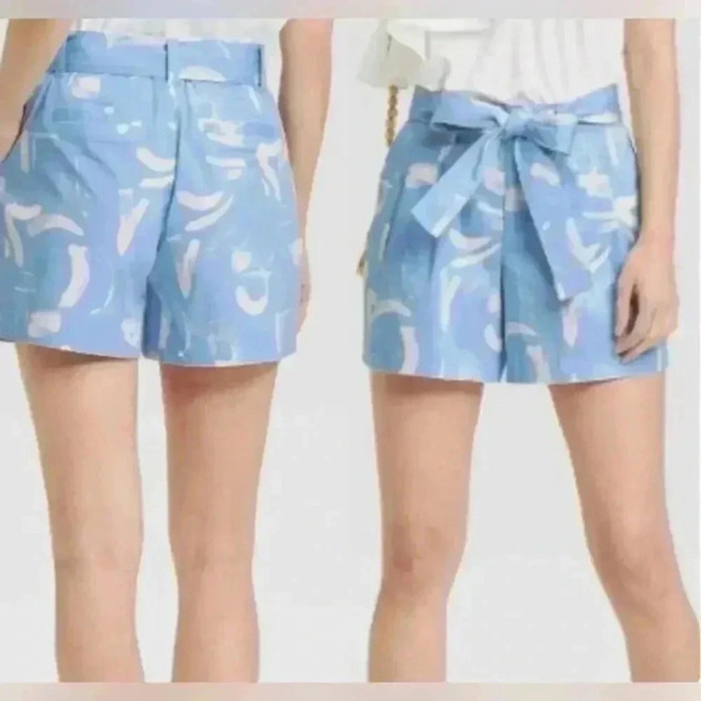 New Day Paperbag Shorts Women 6 Blue Excellent Abstract Belted High Rise Stretch
